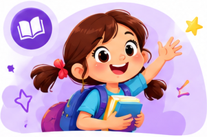 Estudiante con mochila y libros, saludando.