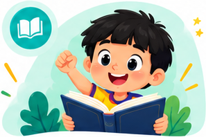 Niño sonriente leyendo un libro azul.