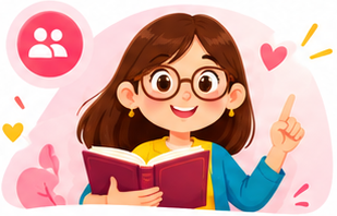 Mediadora de lectura con lentes y un libro abierto.